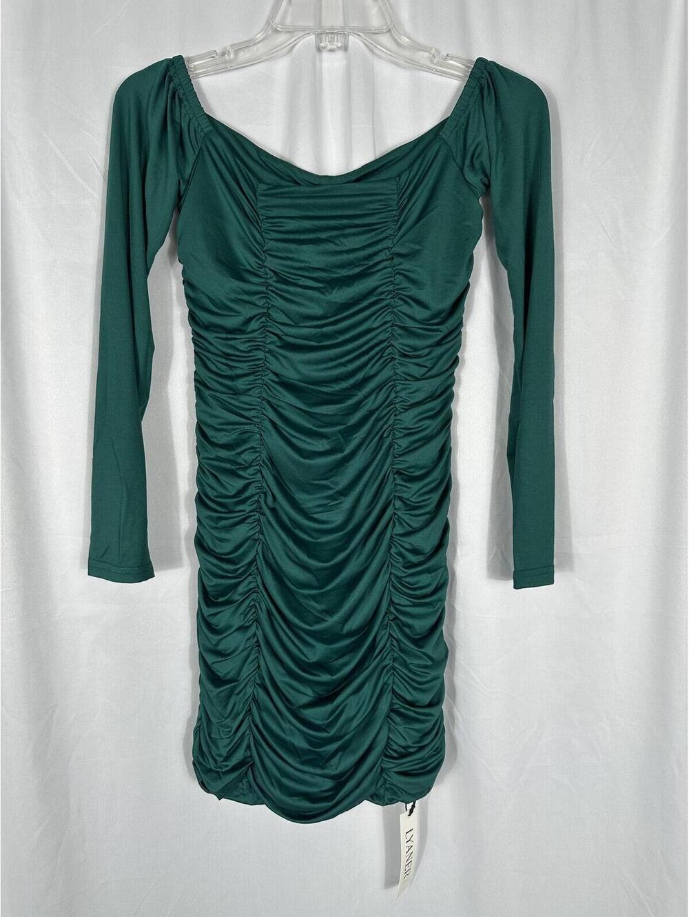 Lyaner Dark Green Long Sleeve Ruched Bodycon Dress Size Small